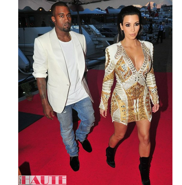 Kanye West & Kim Kardashian at Cannes in Balmain Resort 2012 print dress