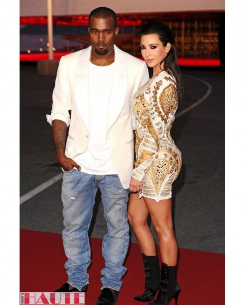 Kanye West & Kim Kardashian at Cannes in Balmain Resort 2012 print dress