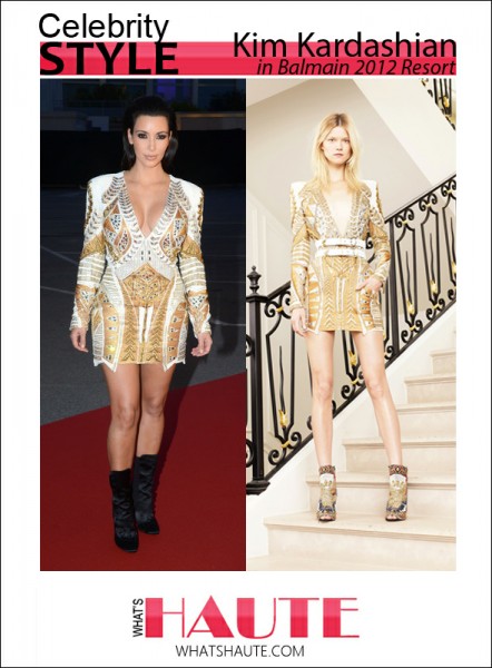 Kim Kardashian at Cannes in Balmain Resort 2012 print dress