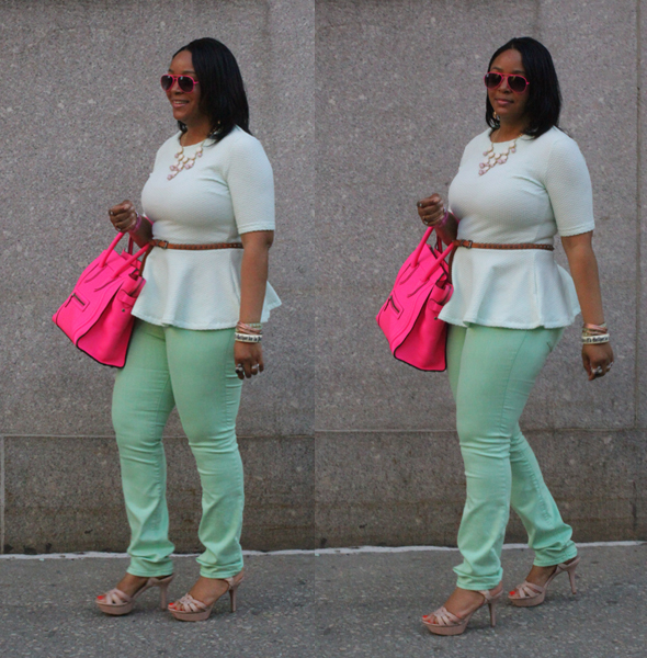 My style - mint H&M peplum top BDG jeans flouro pink Celine Luggage Tote pink sunglasses Vince Camuto sandals 5