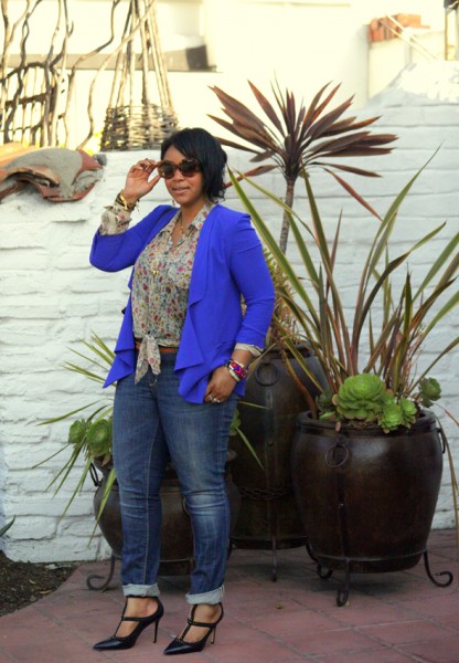 My style: Lush blazer, D&G floral print blouse, Seven7 jeans, BCBG studded T-strap pumps, Prada Baroque sunglasses, Kooba bag - What's Haute CLOSET