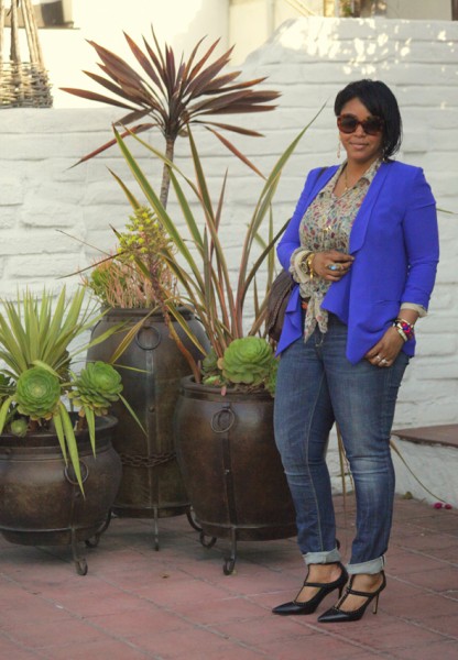 My style: Lush blazer, D&G floral print blouse, Seven7 jeans, BCBG studded T-strap pumps, Prada Baroque sunglasses, Kooba bag - What's Haute CLOSET