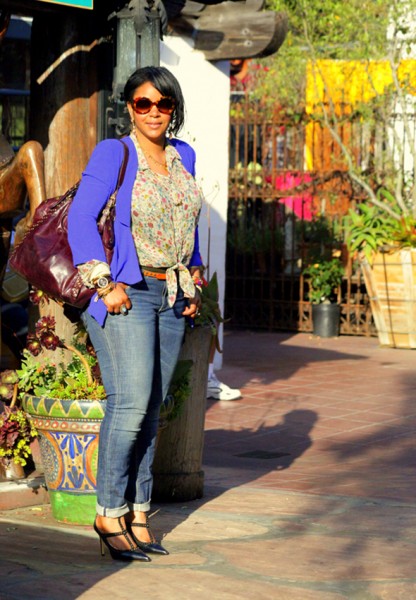 My style: Lush blazer, D&G floral print blouse, Seven7 jeans, BCBG studded T-strap pumps, Prada Baroque sunglasses, Kooba bag - What's Haute CLOSET