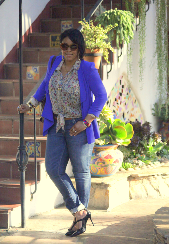 My style: Lush blazer, D&G floral print blouse, Seven7 jeans, BCBG studded T-strap pumps, Prada Baroque sunglasses, Kooba bag - What's Haute CLOSET