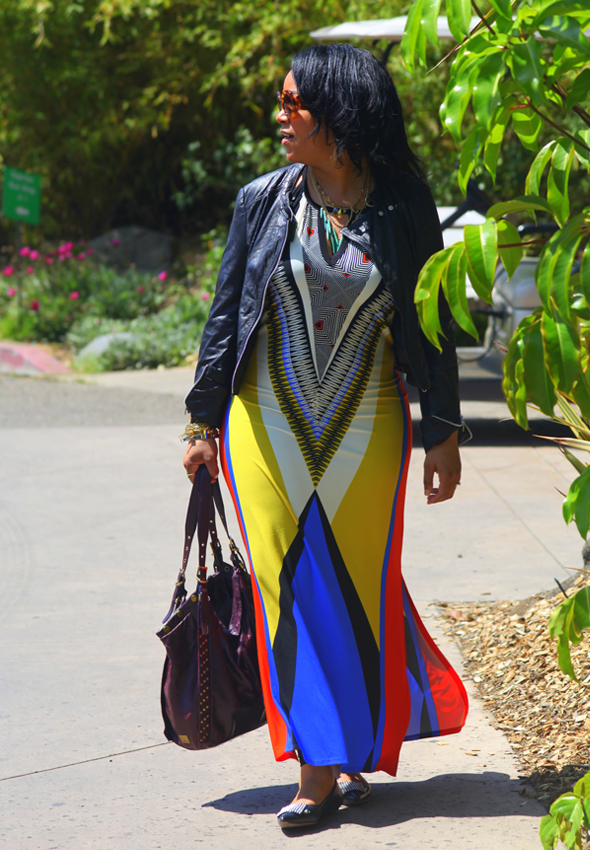 My style - Wallis Aztec printed dress, Bagatelle leather moto jacket, Jean-Michel Cazabat Nunu studded flats, Prada Baroque sunglasses, Kooba bag