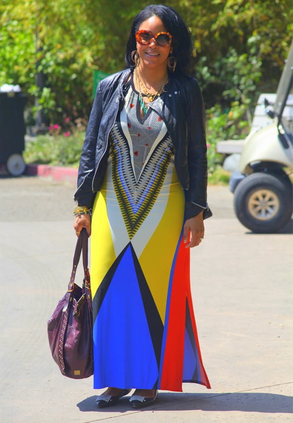 My style - Wallis Aztec printed dress, Bagatelle leather moto jacket, Jean-Michel Cazabat Nunu studded flats, Prada Baroque sunglasses, Kooba bag