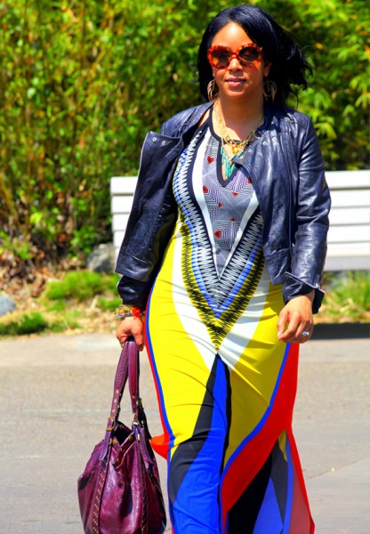 My style - Wallis Aztec printed dress, Bagatelle leather moto jacket, Jean-Michel Cazabat Nunu studded flats, Prada Baroque sunglasses, Kooba bag