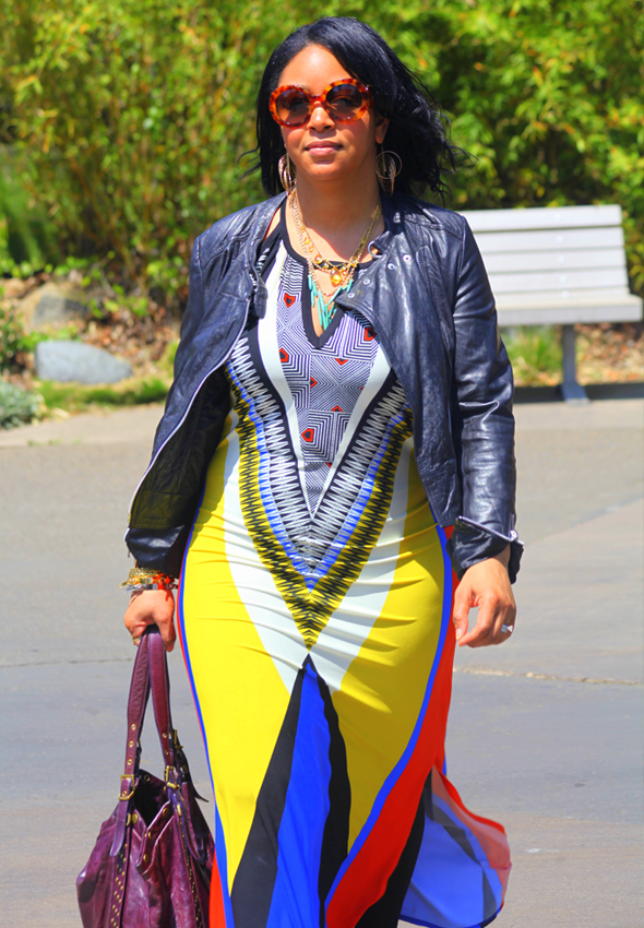 My style - Wallis Aztec printed dress, Bagatelle leather moto jacket, Jean-Michel Cazabat Nunu studded flats, Prada Baroque sunglasses, Kooba bag