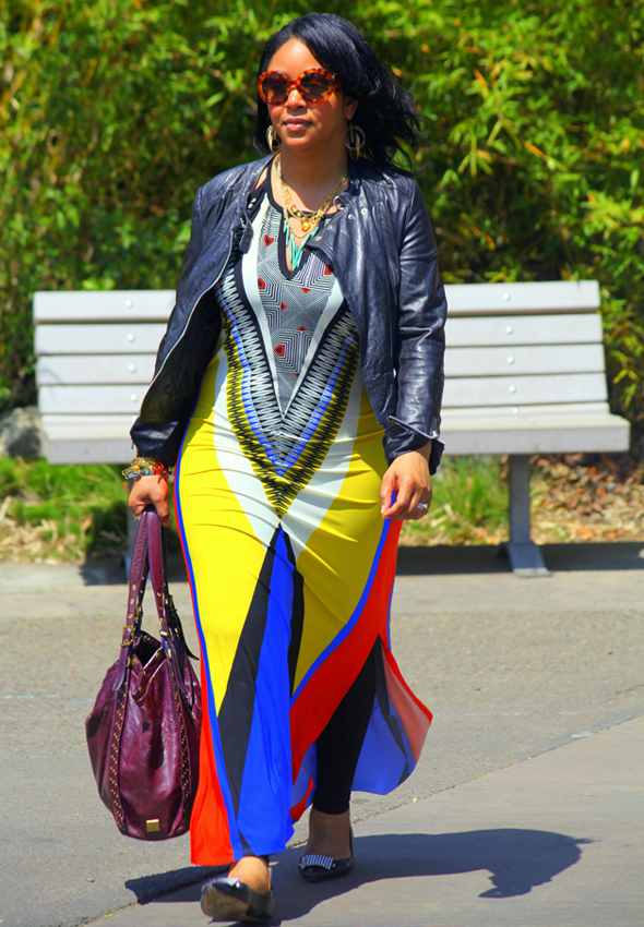 My style - Wallis Aztec printed dress, Bagatelle leather moto jacket, Jean-Michel Cazabat Nunu studded flats, Prada Baroque sunglasses, Kooba bag