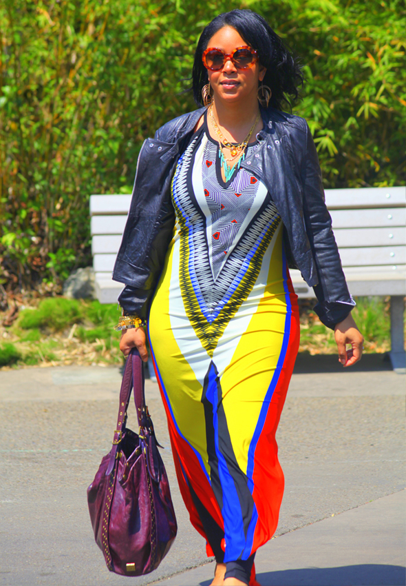 My style - Wallis Aztec printed dress, Bagatelle leather moto jacket, Jean-Michel Cazabat Nunu studded flats, Prada Baroque sunglasses, Kooba bag