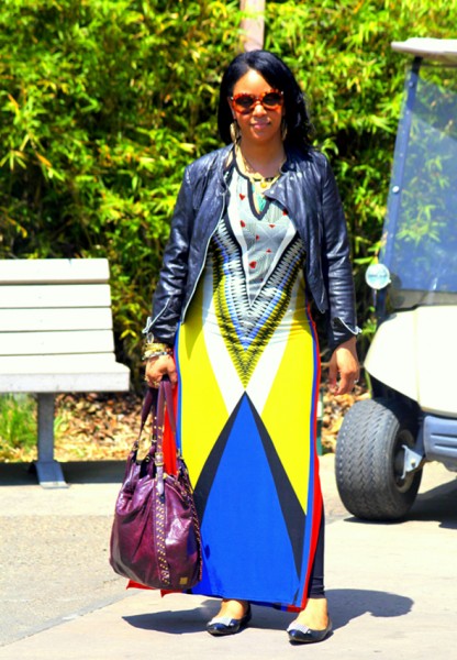 My style - Wallis Aztec printed dress, Bagatelle leather moto jacket, Jean-Michel Cazabat Nunu studded flats, Prada Baroque sunglasses, Kooba bag