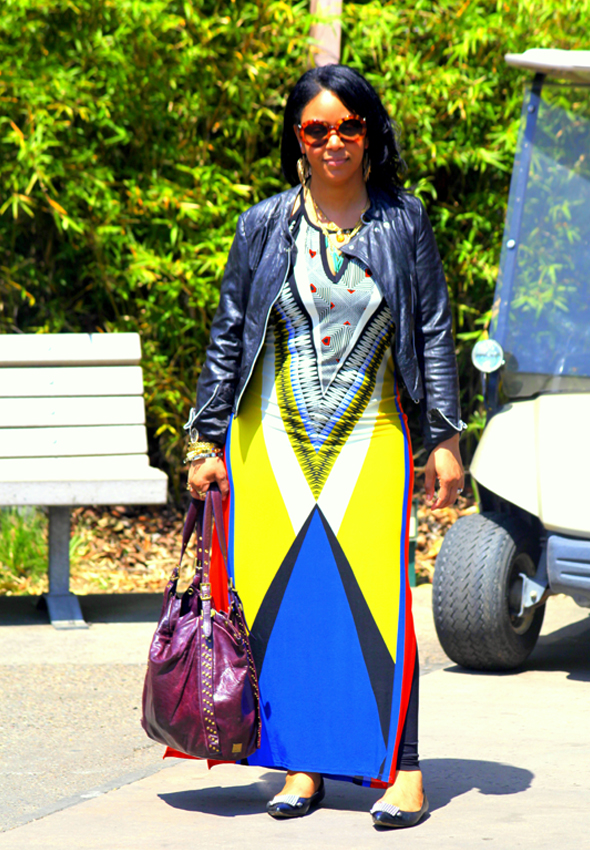 My style - Wallis Aztec printed dress, Bagatelle leather moto jacket, Jean-Michel Cazabat Nunu studded flats, Prada Baroque sunglasses, Kooba bag