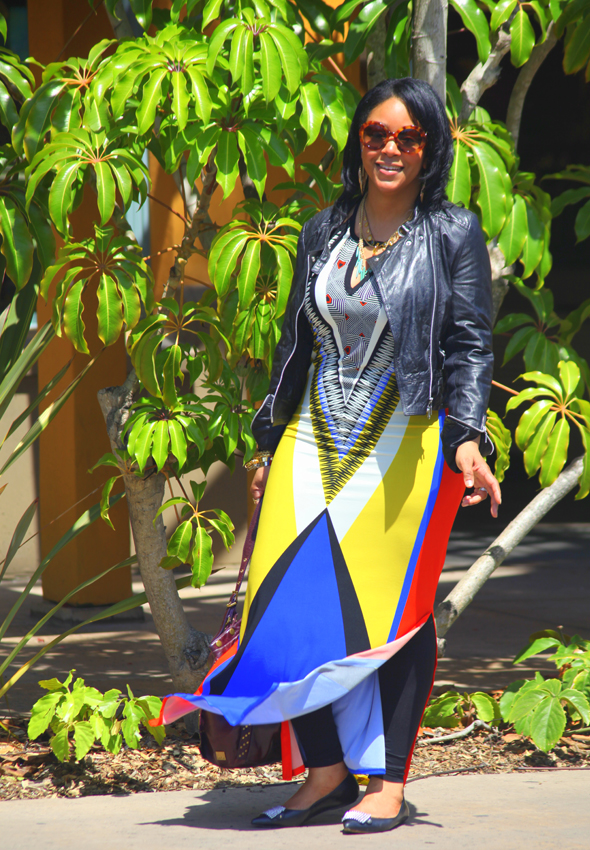 My style - Wallis Aztec printed dress, Bagatelle leather moto jacket, Jean-Michel Cazabat Nunu studded flats, Prada Baroque sunglasses, Kooba bag