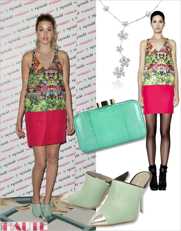 Get her haute look Whitney Port in camilla and marc dress, Lulu Guinness clutch, DeBeers Wildflowers diamond necklace, KG Kurt Geiger Enigma high-heeled slip on shoes