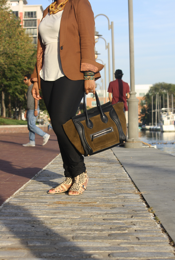 My style - Baltimore: Celine Luggage Tote, Zara blazer, BB Dakota top, DvF leggings, Kelsi Dagger 'Maxine' sandals