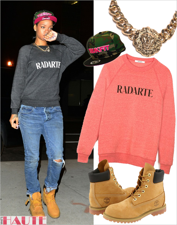 Rihanna in NYC in a Trukfit Camo hat, Rodarte for Opening Ceremony Radarte sweatshirt, Timberland boots and Melody Ehsani Queen of the Jungle necklace