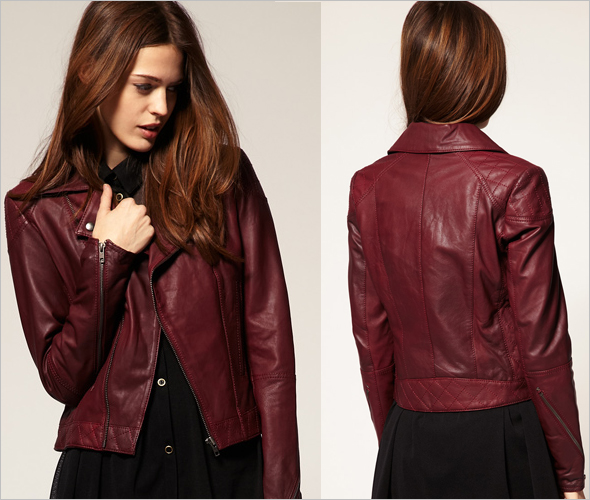 ASOS Leather Biker Jacket in burgundy red