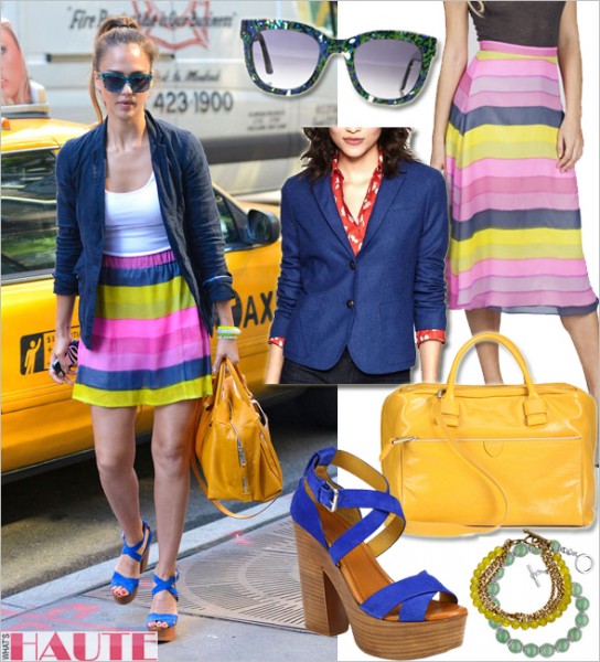 Get her haute look: Jessica Alba in Military Button Academy Blazer, Thierry Lasry Obsessy Sunglasses, Ralph Lauren Collection Alannah Suede Platform Sandals, Marc Jacobs Antonia Satchel, ElleLauri Carrie Skirt, French Kande Green Apple Jade Bracelet, Genuine Jade Beaded Bracelet