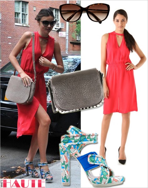 Get her haute look Miranda Kerr in Prada Cat's-Eye Sunglasses, A.L.C. Kenyatta Dress, Alexander Wang Lia Grey Velvet Messenger Bag, BALENCIAGA Platform sandals