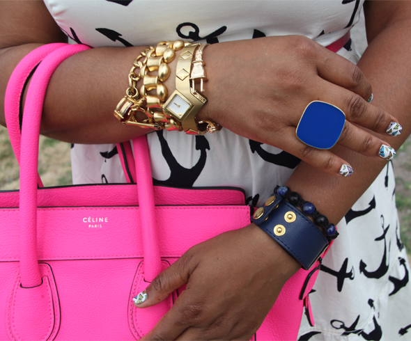 My style: Anchors Aweigh, J. Crew Dizzy Anchors dress, Celine Boston Luggage Tote bag in Fluro pink, Marchez Vous Pierrette Dot sandals, J. Crew square link, Juicy Couture charm & ASOS plug cuff gold bracelets, Pulsar gold watch, Express flat blue ring, Sally Hansen Salon Effects Real Nail Polish Strips, Fly With Me 330