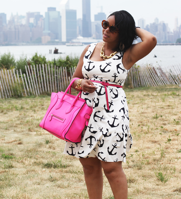 My style: Anchors Aweigh, J. Crew Dizzy Anchors dress, Celine Boston Luggage Tote bag in Fluro pink, Marchez Vous Pierrette Dot sandals, J. Crew square link, Juicy Couture charm & ASOS plug cuff gold bracelets, Pulsar gold watch, Express flat blue ring, Sally Hansen Salon Effects Real Nail Polish Strips, Fly With Me 330, What's Haute Closet