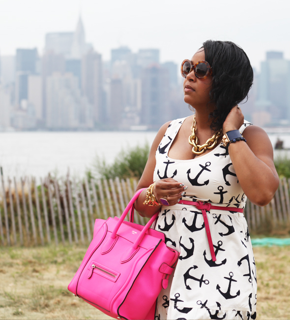 My style: Anchors Aweigh, J. Crew Dizzy Anchors dress, Celine Boston Luggage Tote bag in Fluro pink, Marchez Vous Pierrette Dot sandals, J. Crew square link, Juicy Couture charm & ASOS plug cuff gold bracelets, Pulsar gold watch, Express flat blue ring, Sally Hansen Salon Effects Real Nail Polish Strips, Fly With Me 330, What's Haute Closet