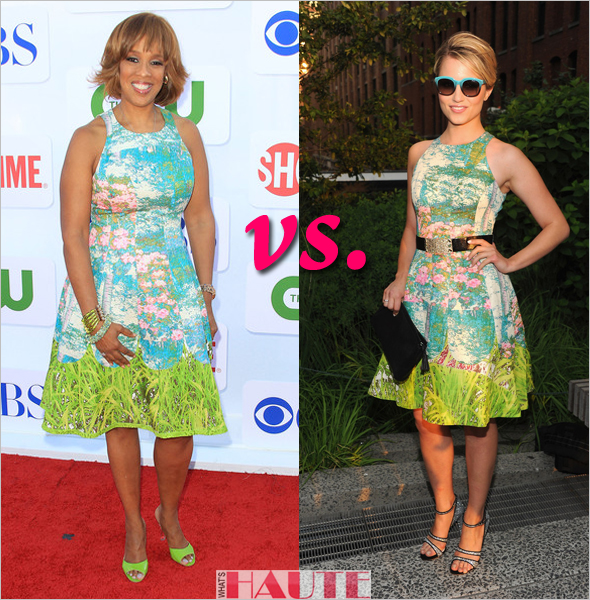 Who rocked it hotter: Gayle King vs. Dianna Agron in a Tracy Reese for Anthropologie Made in Kind Revisited Impressionist dress