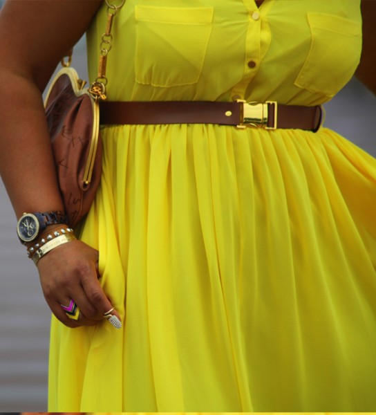 My style: yellow H&M dress & chunky resin necklace, Bottega Veneta three-tone leather sandals, Galliano Tan Leather Heart Shoulder Bag