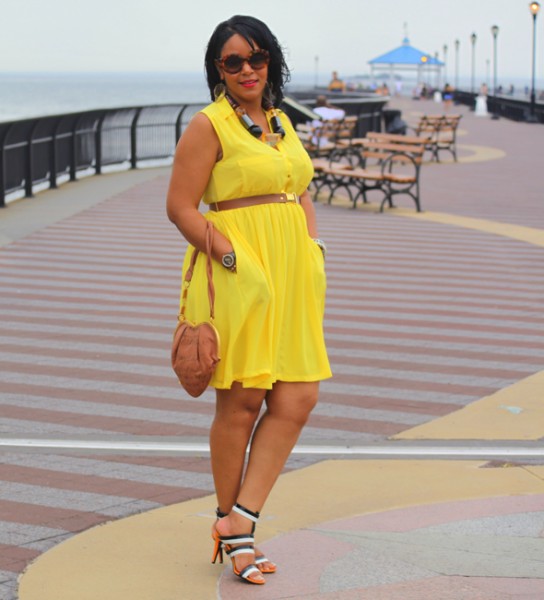 My style: yellow H&M dress & chunky resin necklace, Bottega Veneta three-tone leather sandals, Galliano Tan Leather Heart Shoulder Bag