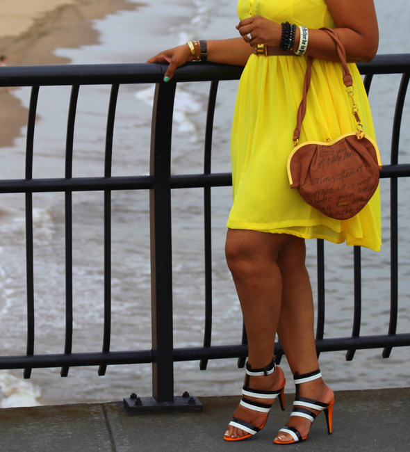 My style: yellow H&M dress & chunky resin necklace, Bottega Veneta three-tone leather sandals, Galliano Tan Leather Heart Shoulder Bag