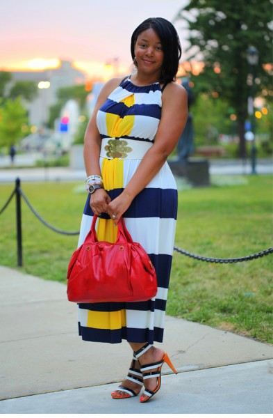 My style: Maggy London Nautical Stripe Maxi Dress, Bottega Veneta Three-tone leather sandals, Marc by Marc Jacobs Special Salma Satchel, Via Spiga belt, Topshop earrings