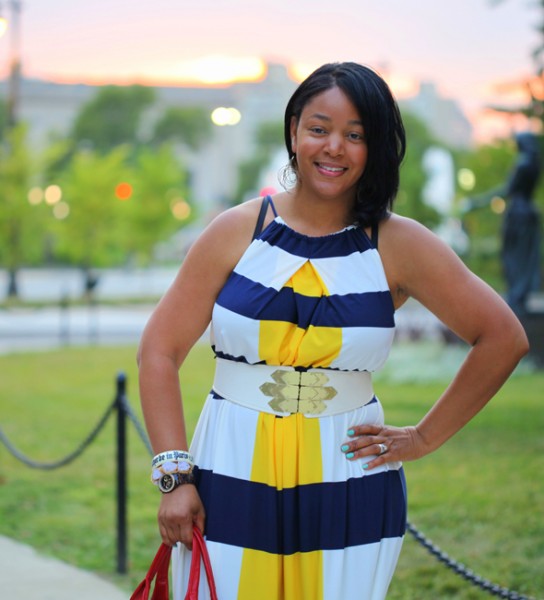 My style: Maggy London Nautical Stripe Maxi Dress, Bottega Veneta Three-tone leather sandals, Marc by Marc Jacobs Special Salma Satchel, Via Spiga belt, Topshop earrings