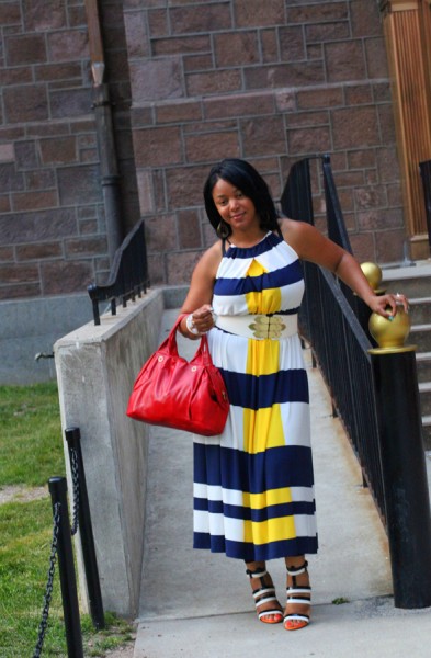 My style: Maggy London Nautical Stripe Maxi Dress, Bottega Veneta Three-tone leather sandals, Marc by Marc Jacobs Special Salma Satchel, Via Spiga belt, Topshop earrings