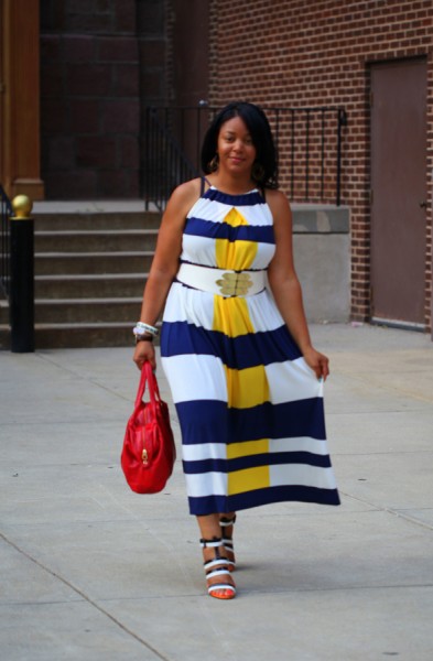 My style: Maggy London Nautical Stripe Maxi Dress, Bottega Veneta Three-tone leather sandals, Marc by Marc Jacobs Special Salma Satchel, Via Spiga belt, Topshop earrings