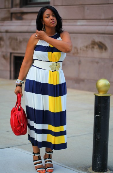 My style: Maggy London Nautical Stripe Maxi Dress, Bottega Veneta Three-tone leather sandals, Marc by Marc Jacobs Special Salma Satchel, Via Spiga belt, Topshop earrings