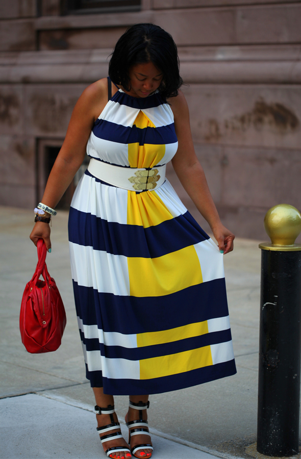 My style: Maggy London Nautical Stripe Maxi Dress, Bottega Veneta Three-tone leather sandals, Marc by Marc Jacobs Special Salma Satchel, Via Spiga belt, Topshop earrings, essie Nail Color in Turquoise & Caicos, American Apparel Neon Nail Lacquer in Neon Red