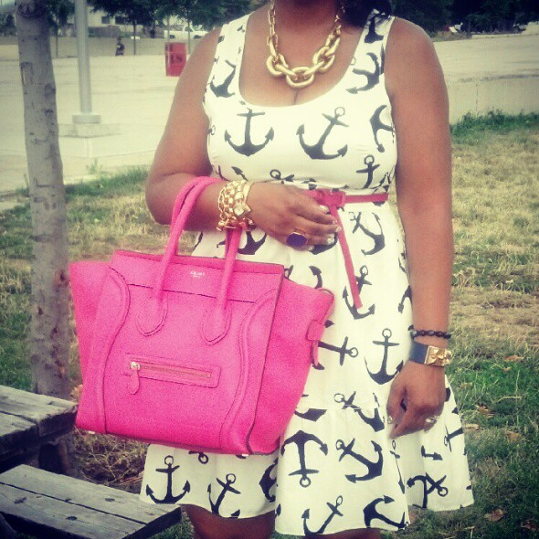 My style: nautical anchor print dress, chunky link necklace & Celine Fluro pink Luggage Tote