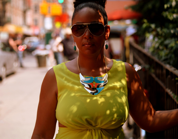 My style: Sway Chic - Neon yellow cutout blouse & Kabuki necklace + Kenneth Cole Palazzo pants + Bottega Veneta sandals