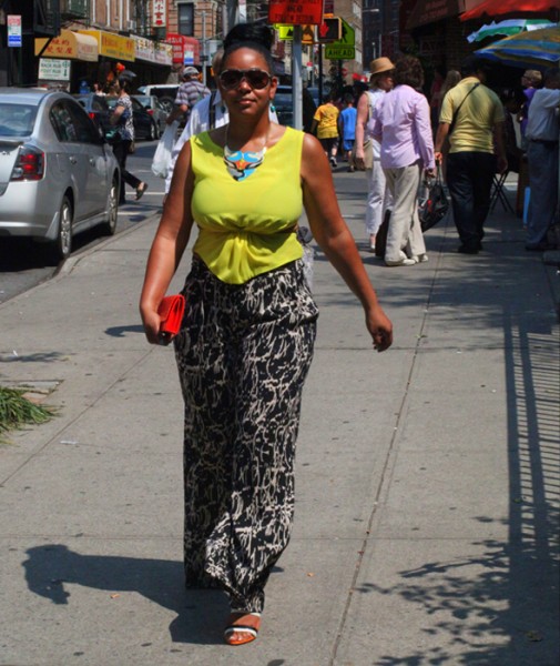 My style: Sway Chic - Neon yellow cutout blouse & Kabuki necklace + Kenneth Cole Palazzo pants + Bottega Veneta sandals