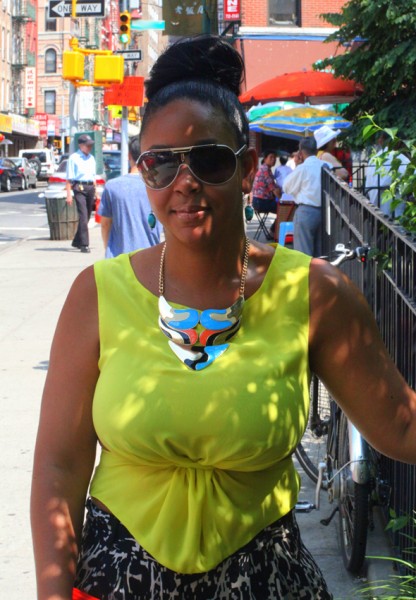 My style: Sway Chic - Neon yellow cutout blouse & Kabuki necklace + Kenneth Cole Palazzo pants + Bottega Veneta sandals