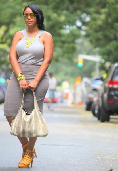 My style Shades of grey and yellow Icing mirrored sunglasses J Crew bubble necklace H&M tank Eva Franco skirt Rockport Beirn Jenna bag