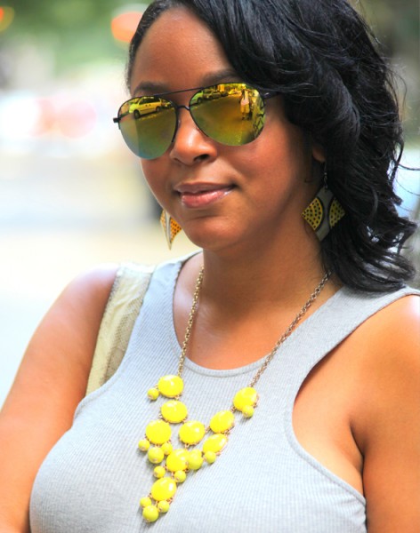 My style Shades of grey and yellow Icing mirrored sunglasses J Crew bubble necklace H&M tank Eva Franco skirt Rockport Beirn Jenna bag