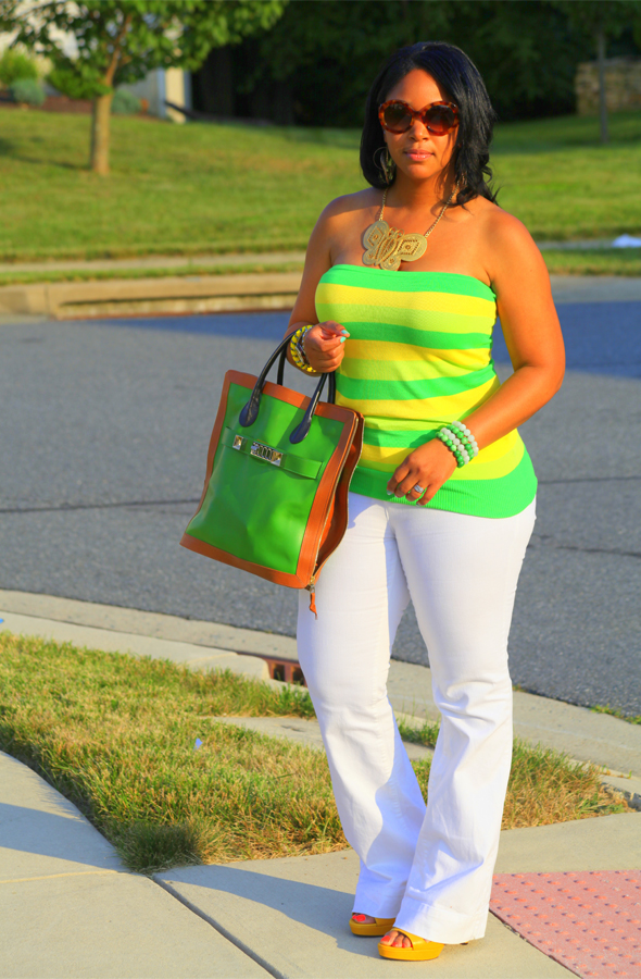 My style: alice + olivia yellow and green striped tube top, white Zara jeans, Rockport Janae Square Perforated Sandals, Proenza Schouler ps11 Capri Leather tote in green, Kenneth Jay Lane Butterfly Necklace, Prada Baroque Round sunglasses