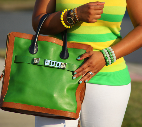 My style: alice + olivia yellow and green striped tube top, white Zara jeans, Rockport Janae Square Perforated Sandals, Proenza Schouler ps11 Capri Leather tote in green, Kenneth Jay Lane Butterfly Necklace, Prada Baroque Round sunglasses, What's Haute Closet