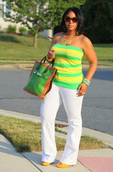 My style: alice + olivia yellow and green striped tube top, white Zara jeans, Rockport Janae Square Perforated Sandals, Proenza Schouler ps11 Capri Leather tote in green, Kenneth Jay Lane Butterfly Necklace, Prada Baroque Round sunglasses