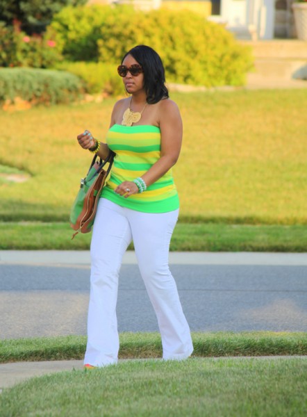 My style: alice + olivia yellow and green striped tube top, white Zara jeans, Rockport Janae Square Perforated Sandals, Proenza Schouler ps11 Capri Leather tote in green, Kenneth Jay Lane Butterfly Necklace, Prada Baroque Round sunglasses, What's Haute Closet