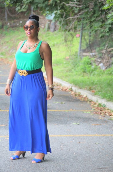 My style: Green and blue two-tone maxi dress, Zara colorblock sandals, Kenneth Jay Lane Leather Belt, Prada Baroque round sunglasses