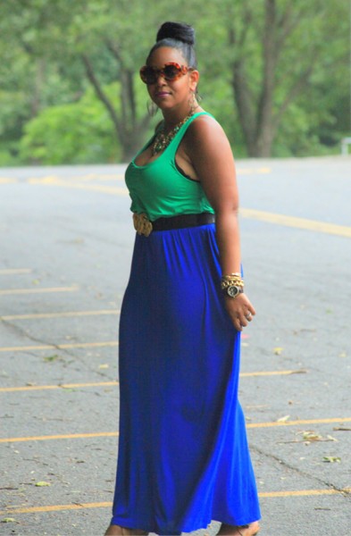 My style: Green and blue two-tone maxi dress, Zara colorblock sandals, Kenneth Jay Lane Leather Belt, Prada Baroque round sunglasses