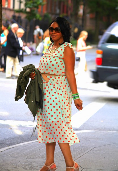 My style: Mint and coral polka dot dress, Kate Spade Bow Bridge Little Kennedy Shoulder Bag, Vince Camuto Toleo Snake-Embossed Platform Sandals, Fendi sunglasses