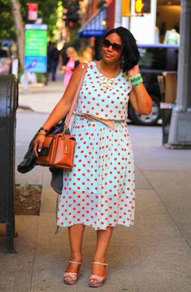 My style: Mint and coral polka dot dress, Kate Spade Bow Bridge Little Kennedy Shoulder Bag, Vince Camuto Toleo Snake-Embossed Platform Sandals, Fendi sunglasses